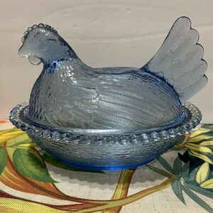 Vintage Indiana Glass Light Blue Hen on Nest 7” Candy Dish